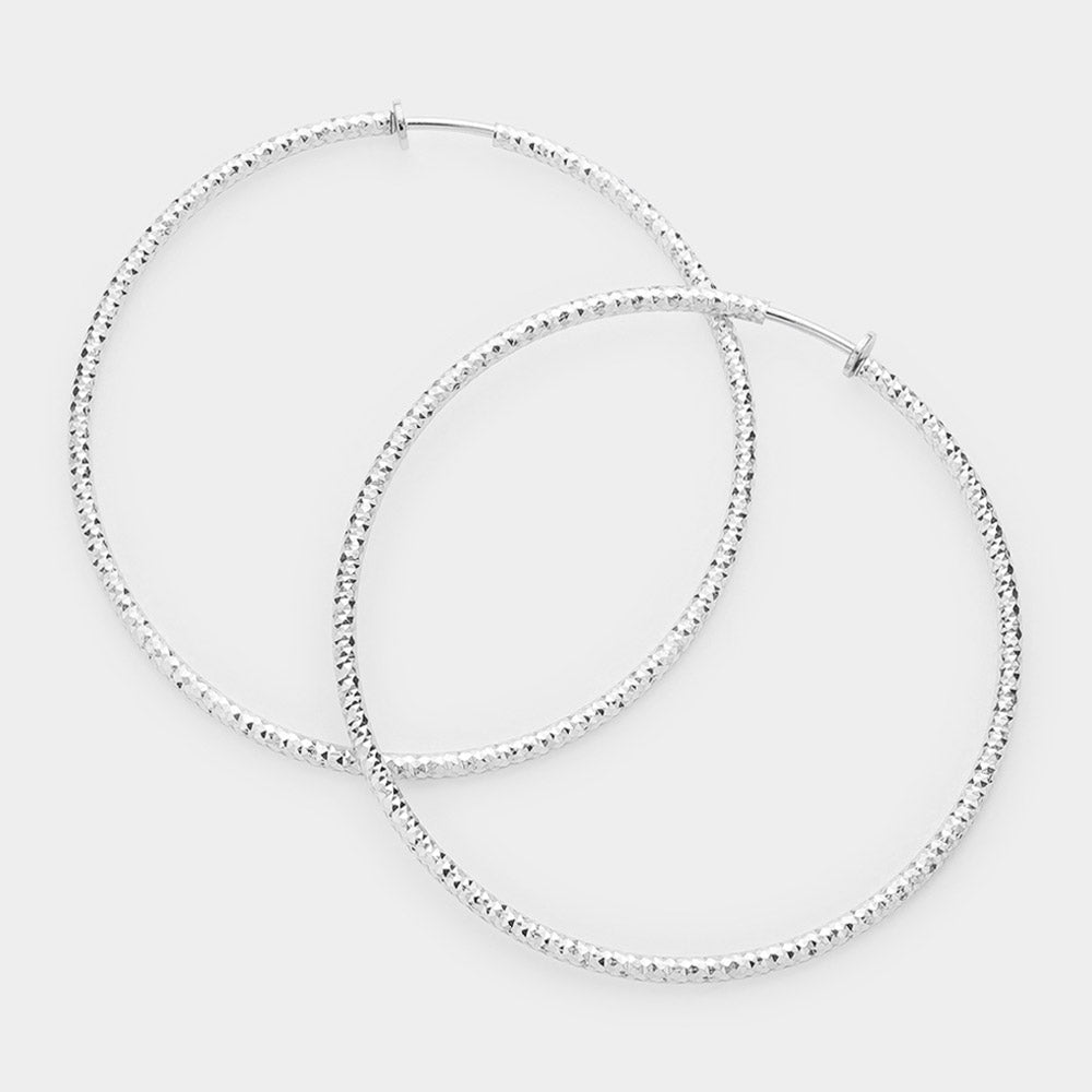 Silver 3.2" Textured Metal Hoop Clip on Earrings