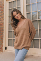 Cozy Caramel V-Neck Sweater with Crochet Sleeves - Charming Charlie