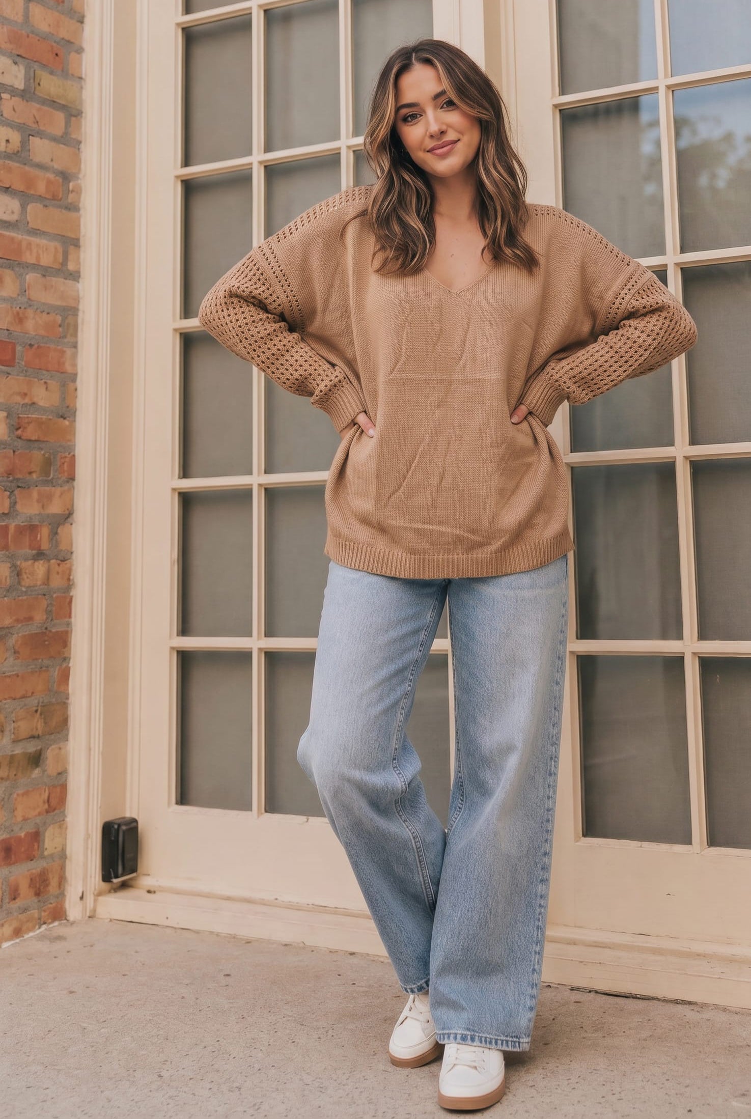 Cozy Caramel V-Neck Sweater with Crochet Sleeves - Charming Charlie