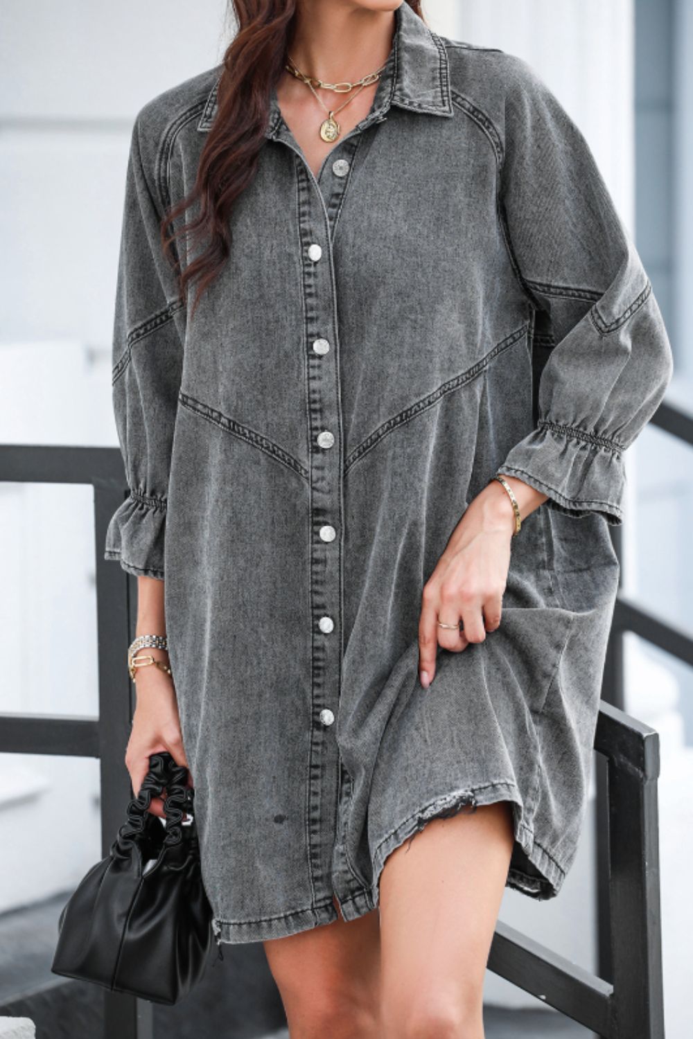 Distressed Collared Neck Flounce Sleeve Denim Dress - Charming Charlie