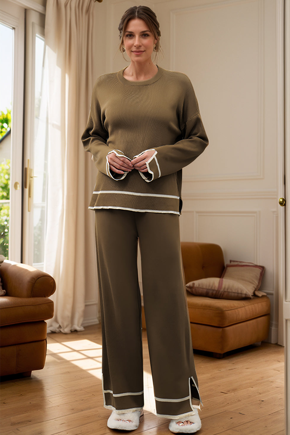 Round Neck Dropped Shoulder Sweatshirt and Pants Set main image 0