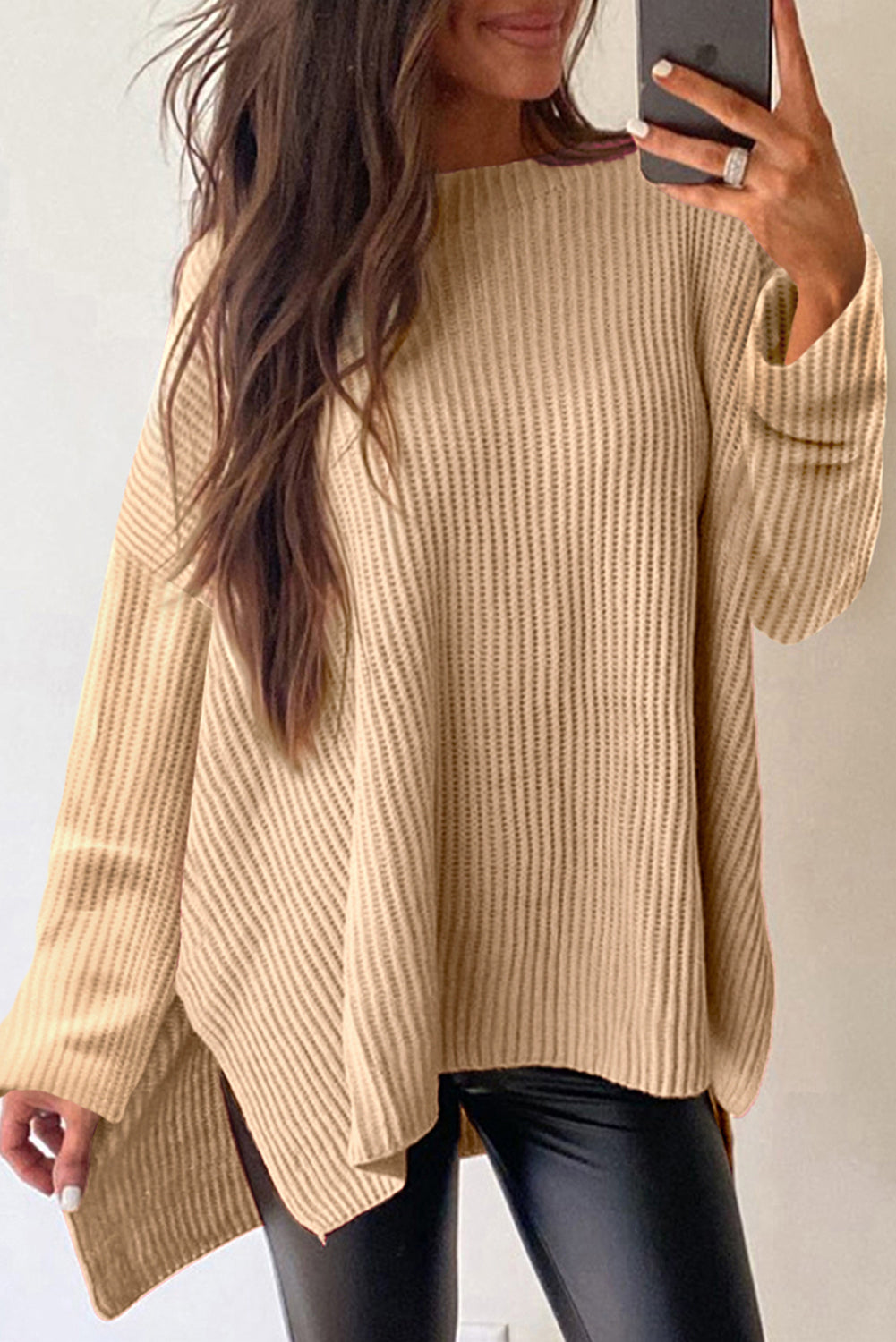 Side Slit Round Neck Long Sleeve Sweater - Charming Charlie