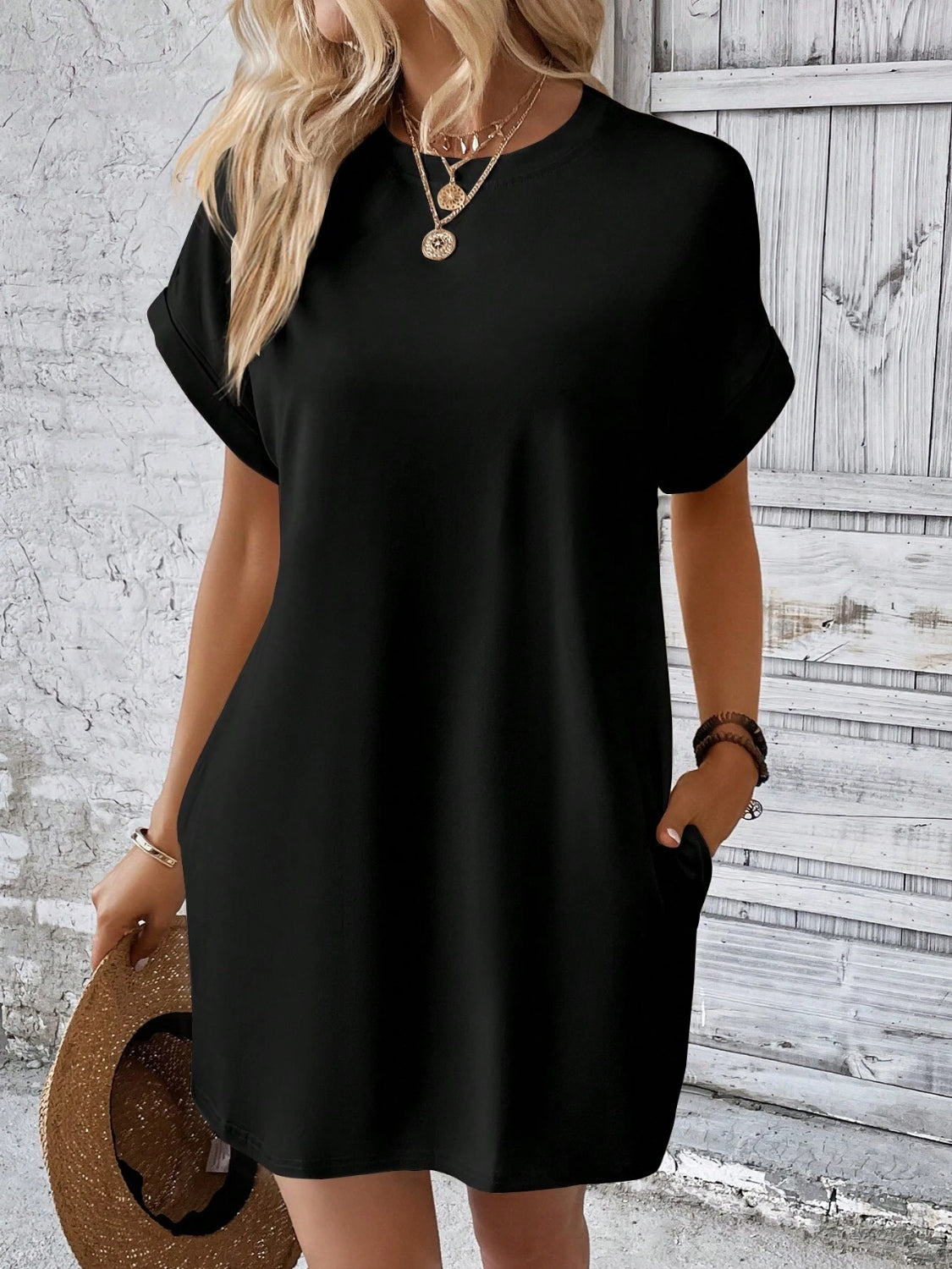 Round Neck Short Sleeve Mini Dress Black / S Round Neck Short Sleeve Mini Dress Black / S