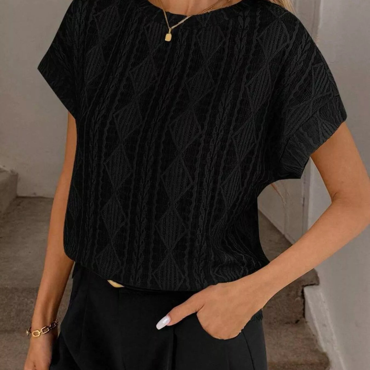 Diamond Neck Pattern Diamond Pattern Round Neck Top – Charming Charlie