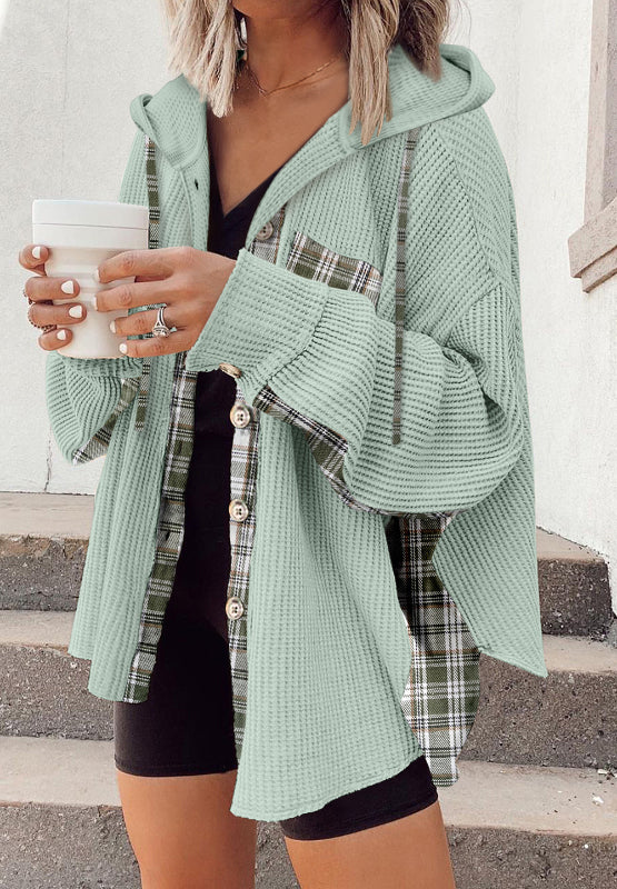 Waffle Knit Plaid Patchwork Drawstring Hooded Shacket - Charming Charlie
