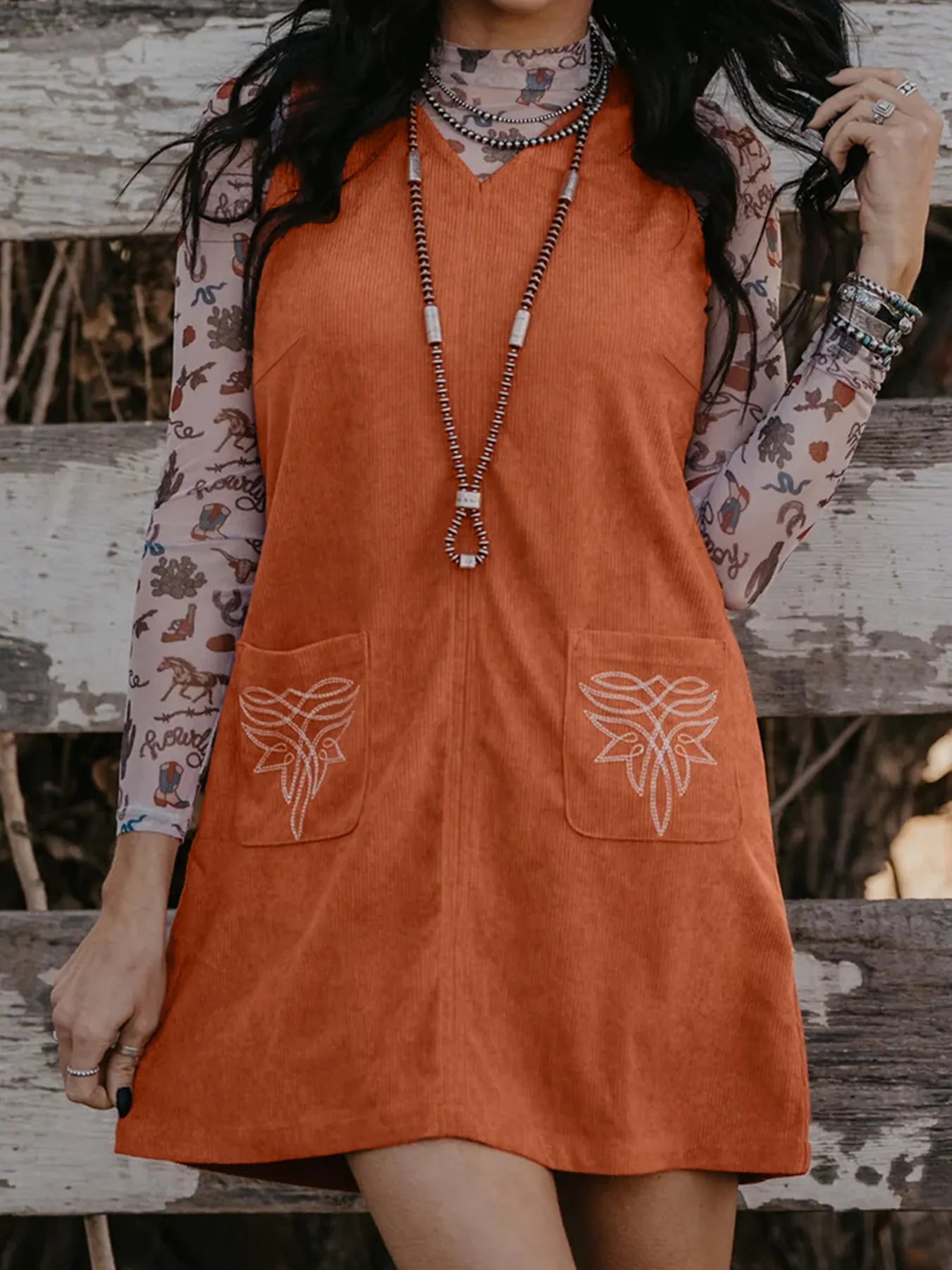 Corduroy Western Embroidered Patched Pocket Shift Sleeveless Mini Dress Ochre / L