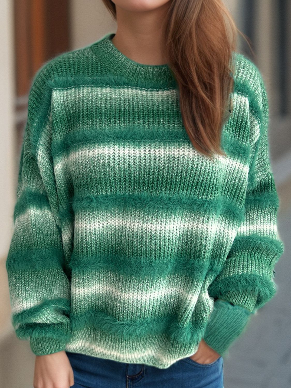 Gradient Round Neck Dropped Shoulder Sweater - Charming Charlie
