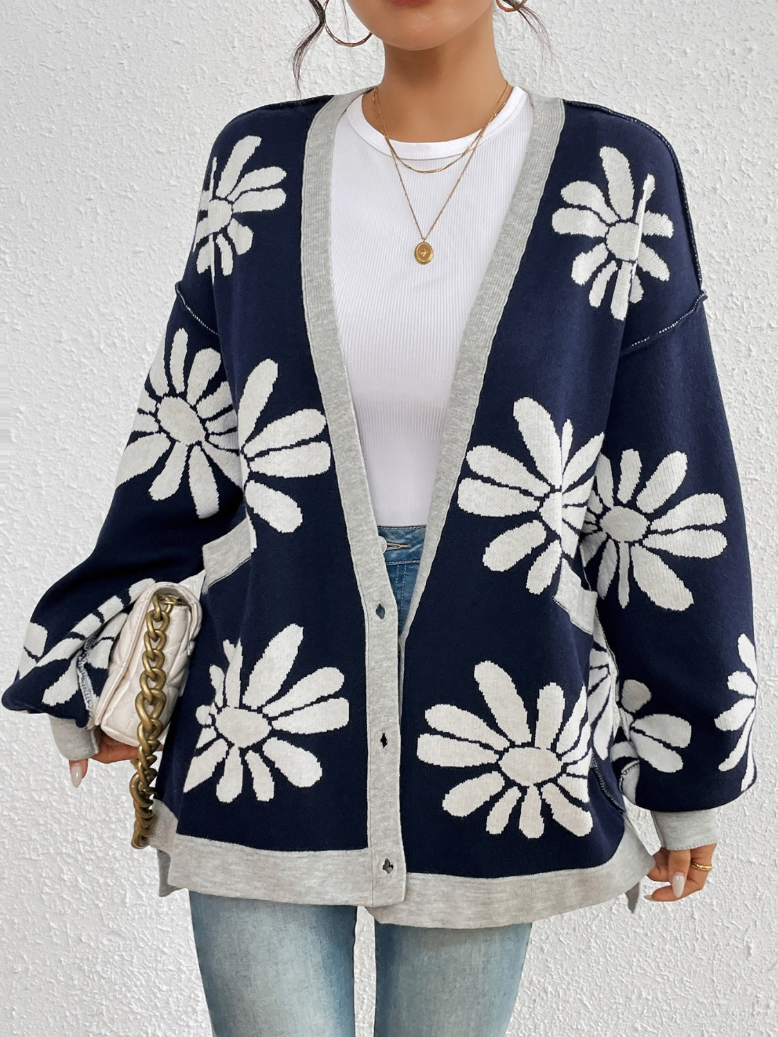 Contrast Dropped Shoulder Long Sleeve Cardigan - Charming Charlie