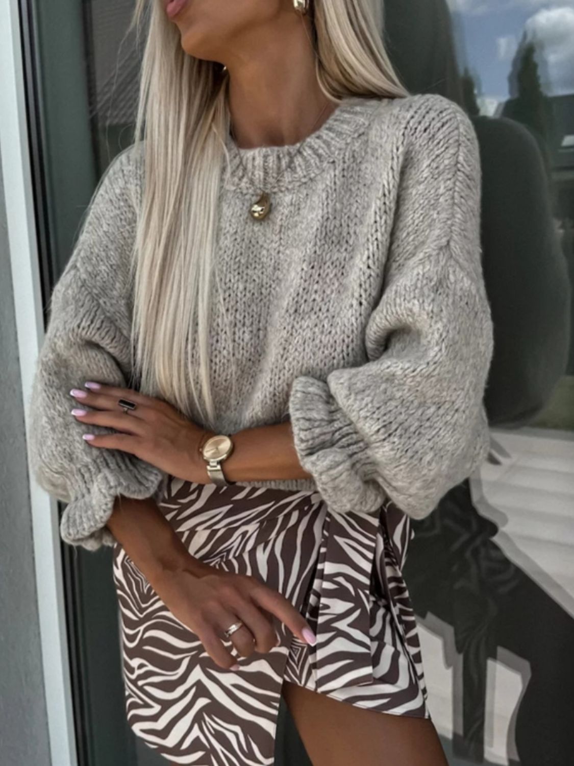 Round Neck Long Sleeve Sweater - Charming Charlie