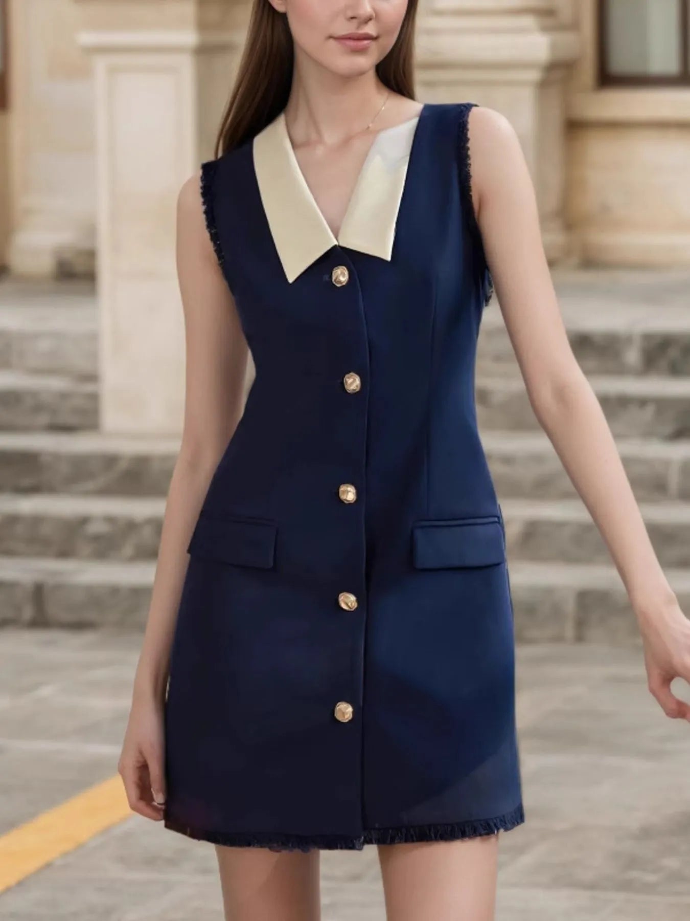 Contrast Collar Button-Front Sleeveless Mini Dress Dark Blue / S