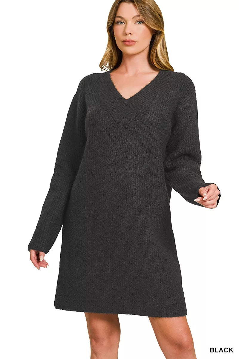 V-Neck Long Sleeve Ribbed Sweater Dress – Charming Charlie