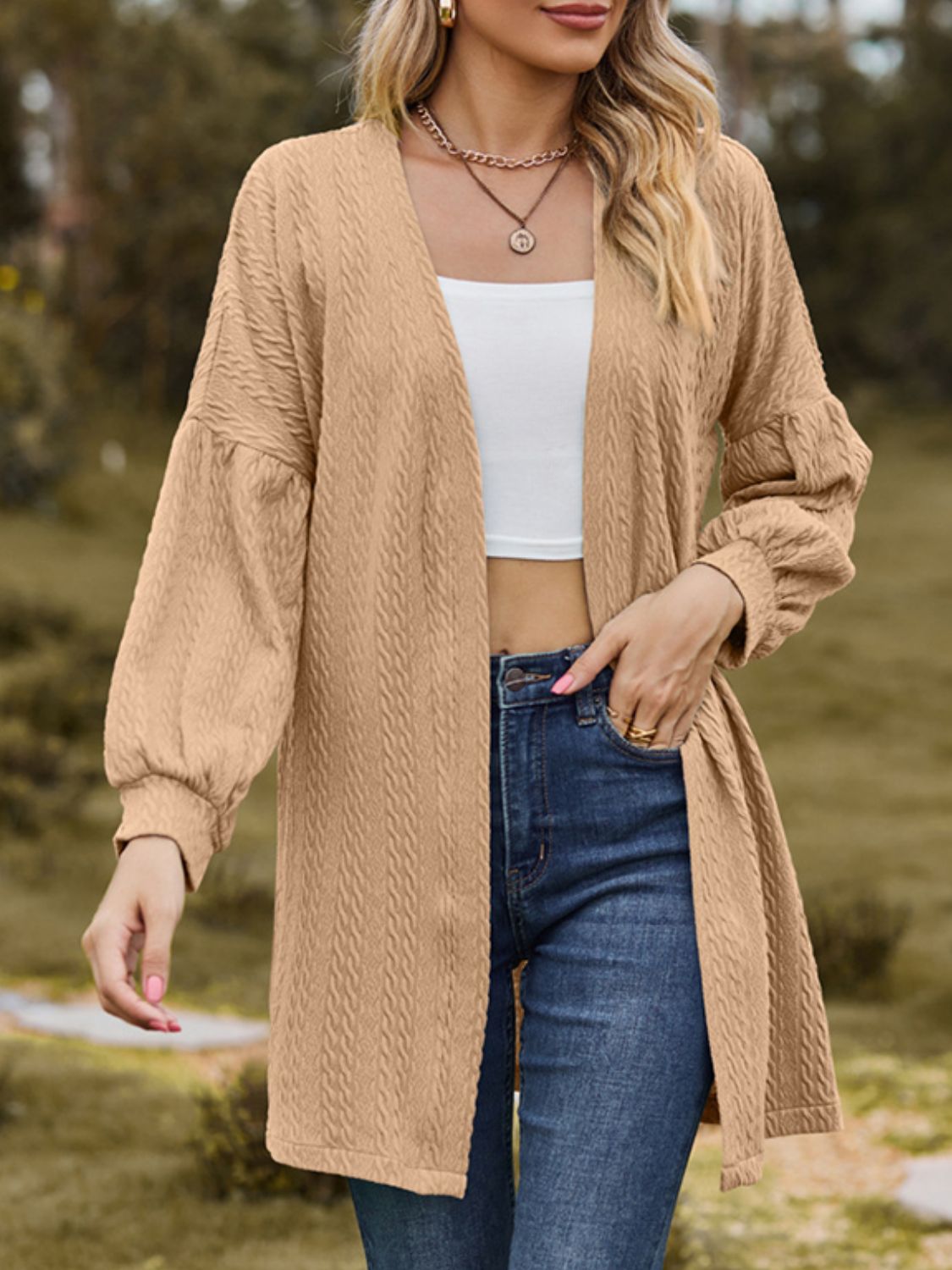 Textured Open Front Dropped Shoulder Cardigan – Charming Charlie