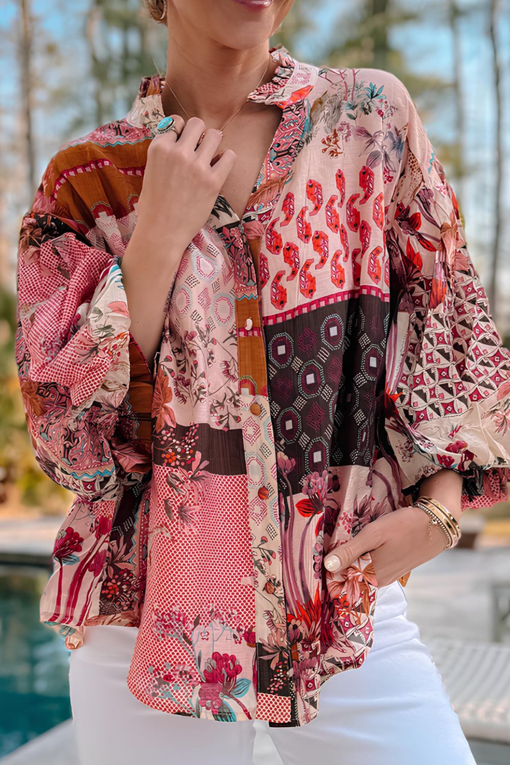 Patchwork Printed Notched Flounce Sleeve Shirt - Charming Charlie