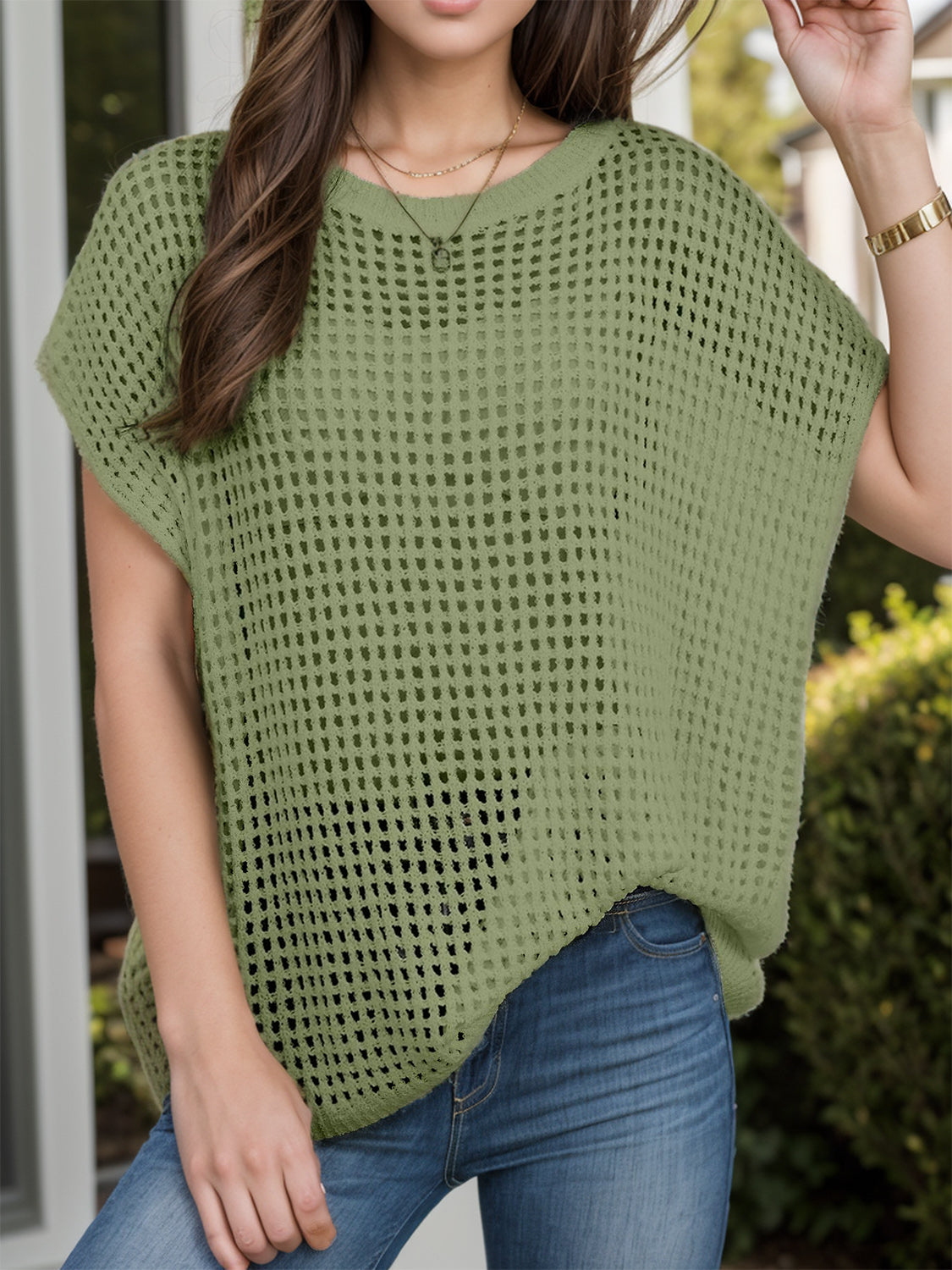 Openwork Round Neck Short Sleeve Cover-Up - Charming Charlie