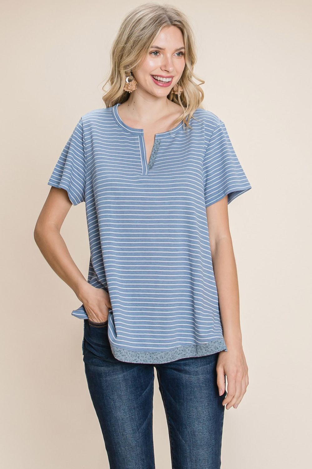 Cotton Bleu by Nu Lab Slit Striped Notched Short Sleeve T-Shirt - Charming Charlie