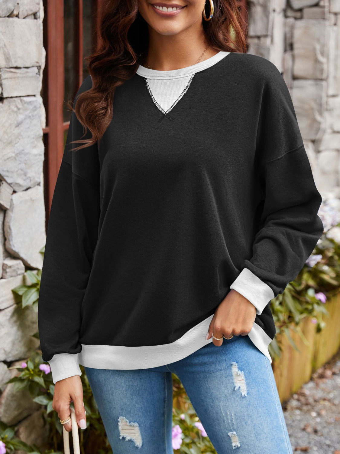 Contrast Round Neck Long Sleeve Sweatshirt - Charming Charlie