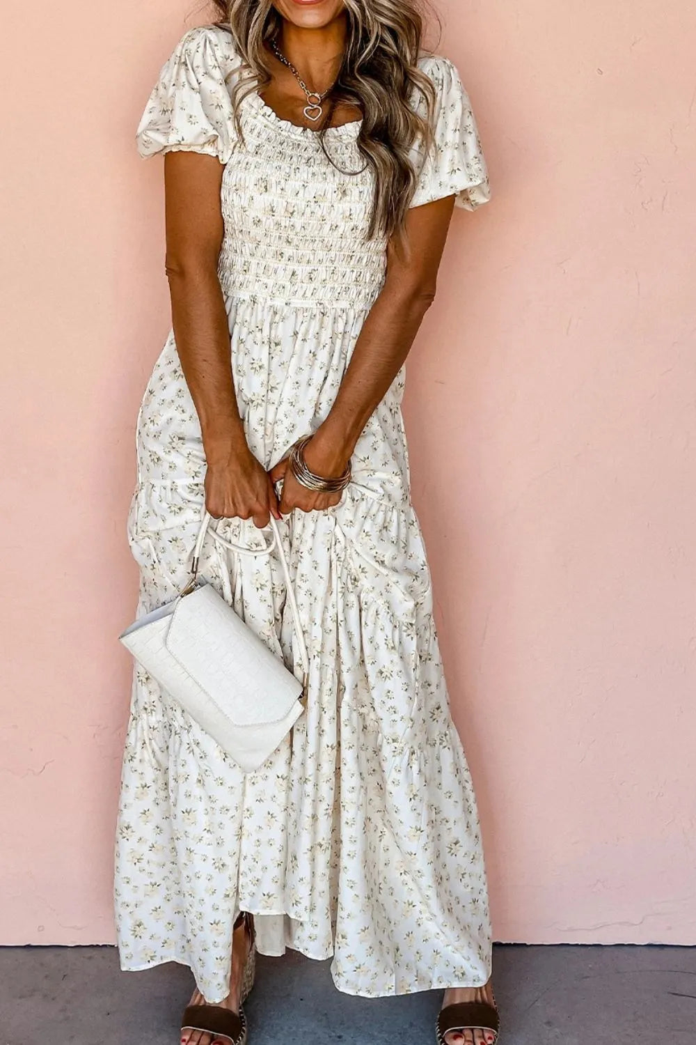 Sample Floral Smocked Short Puff Sleeve Maxi Dress Sample Floral Smocked Short Puff Sleeve Maxi Dress