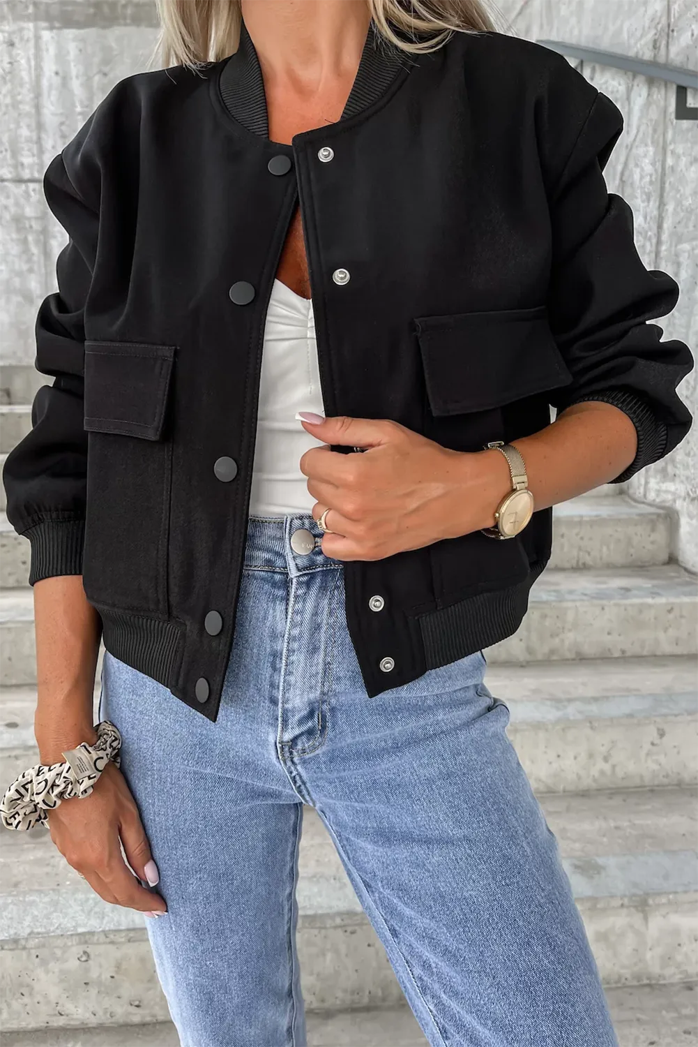 Pocketed Snap Down Long Sleeve Jacket - Charming Charlie