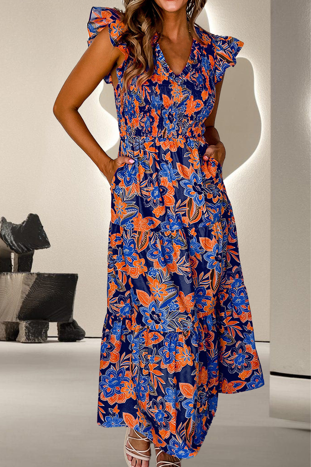 Ruffled Printed Cap Sleeve Dress - Charming Charlie