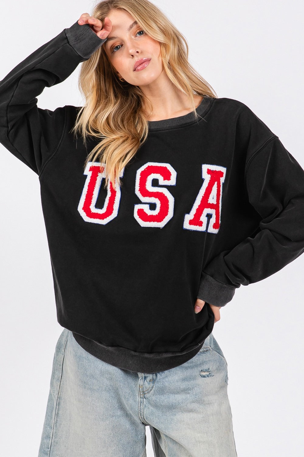 SAGE + FIG USA Letter Patch Round Neck Sweatshirt - Charming Charlie