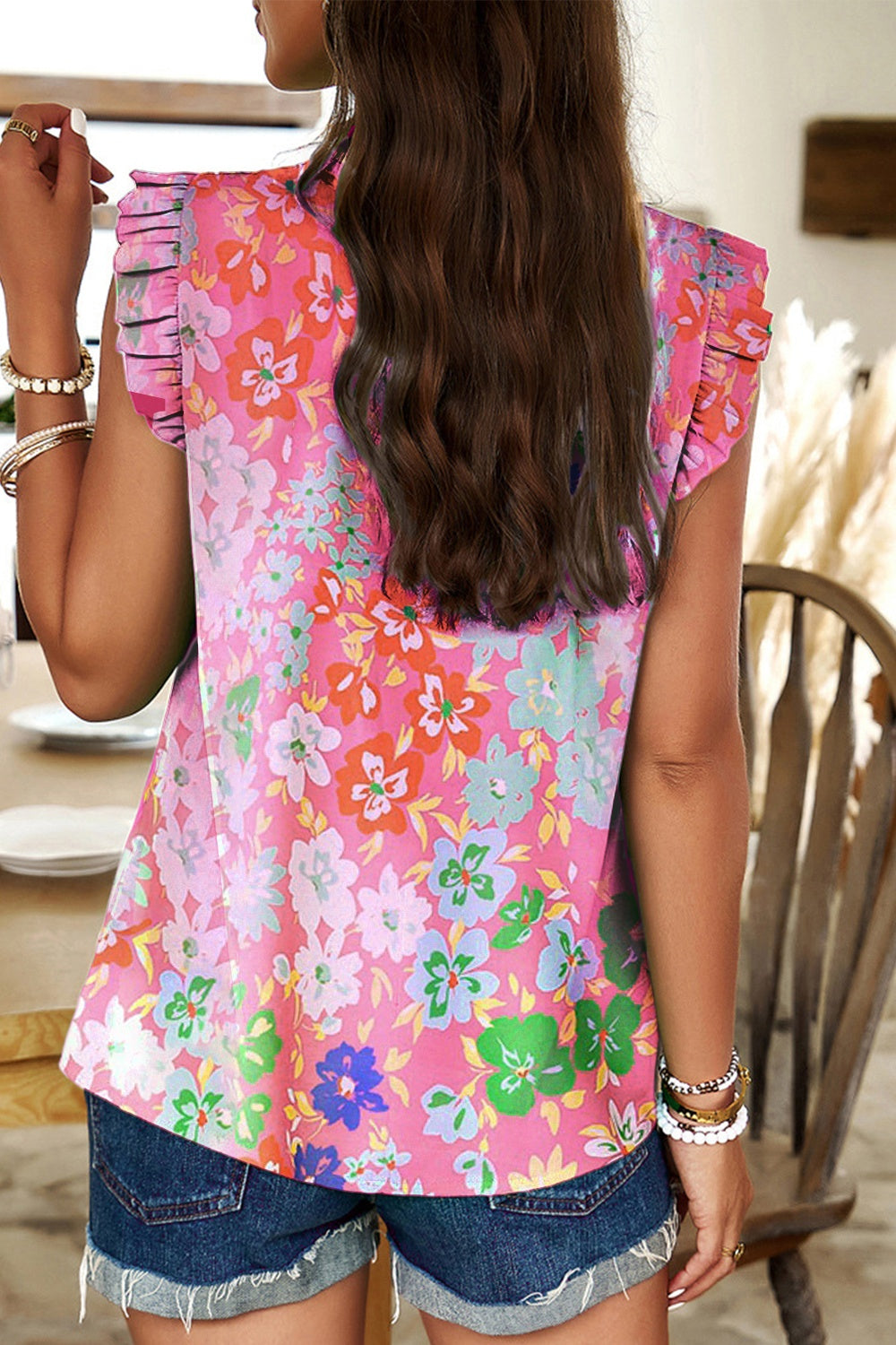 Ruffled Printed Mock Neck Cap Sleeve Blouse - Charming Charlie