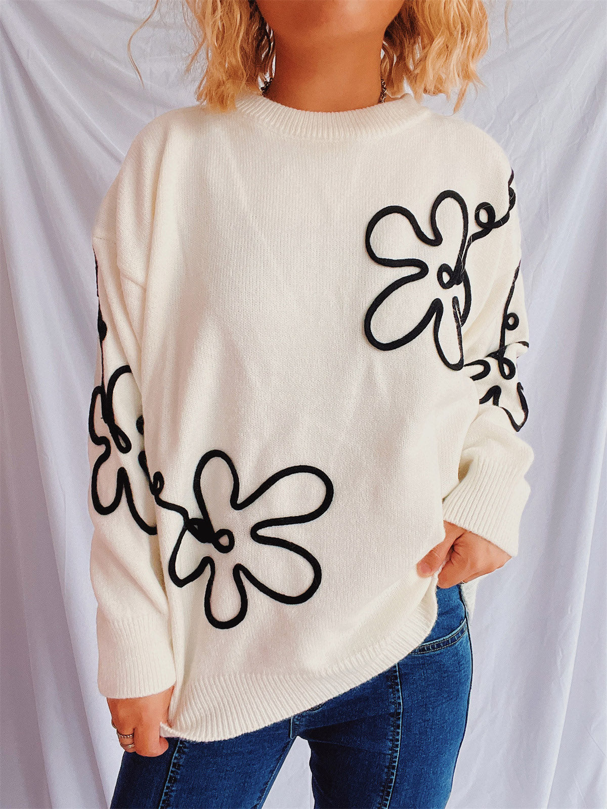 Flower Round Neck Long Sleeve Sweater - Charming Charlie