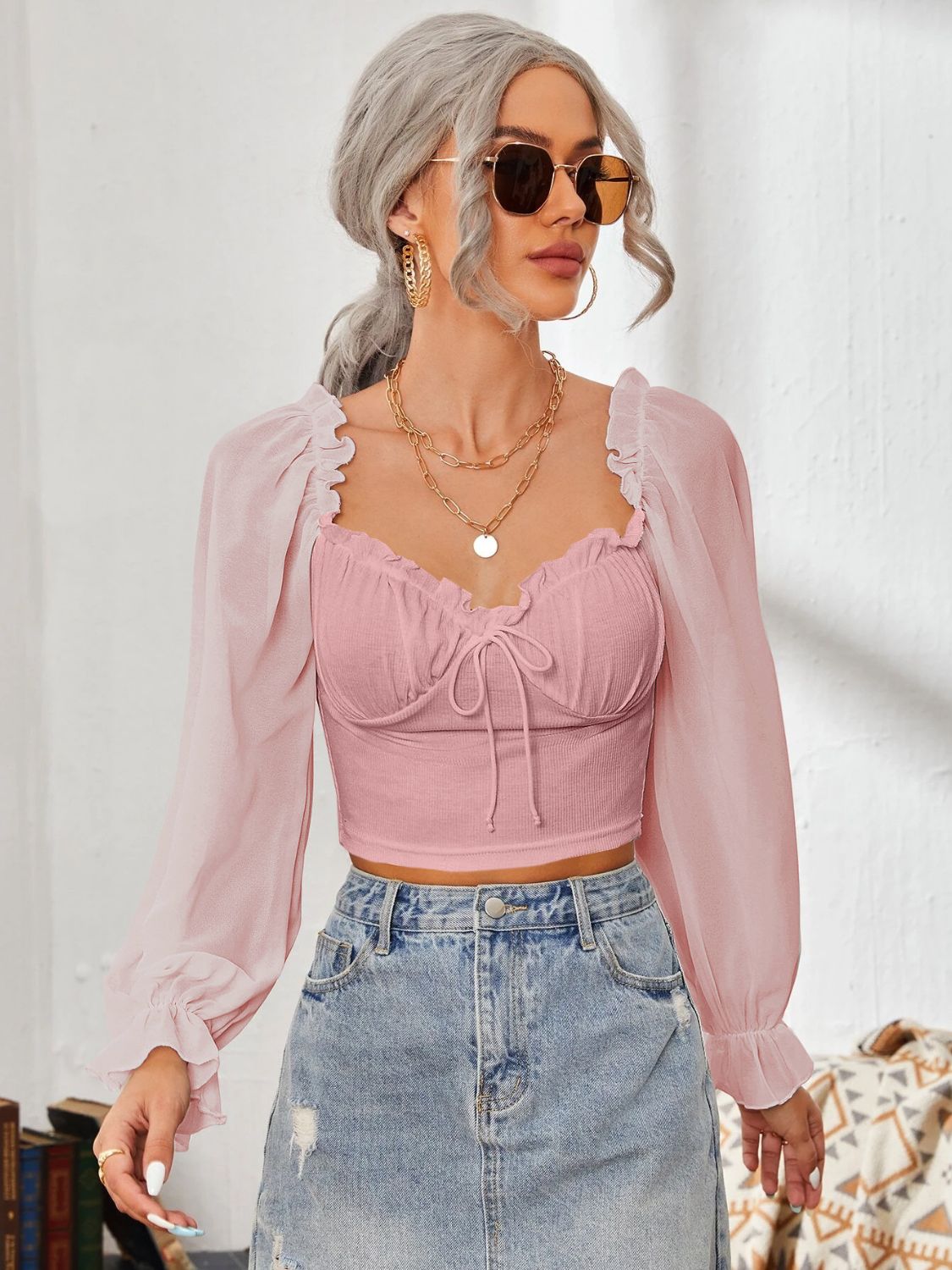 Mesh Sweetheart Neck Flounce Sleeve Top – Charming Charlie