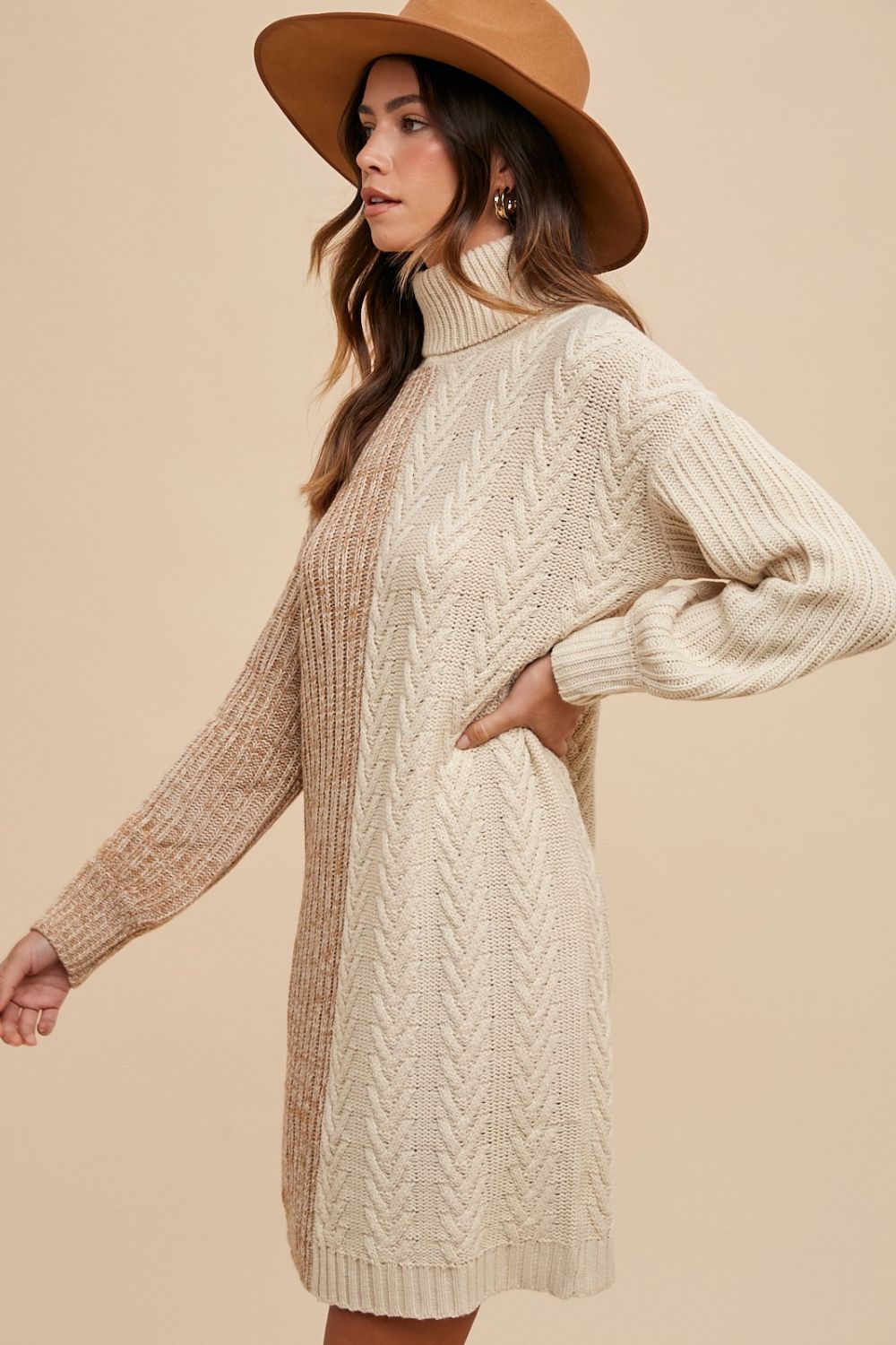 Annie Wear Color Block Turtleneck Sweater Dress - Taupe / S Annie Wear Color Block Turtleneck Sweater Dress - Taupe / S