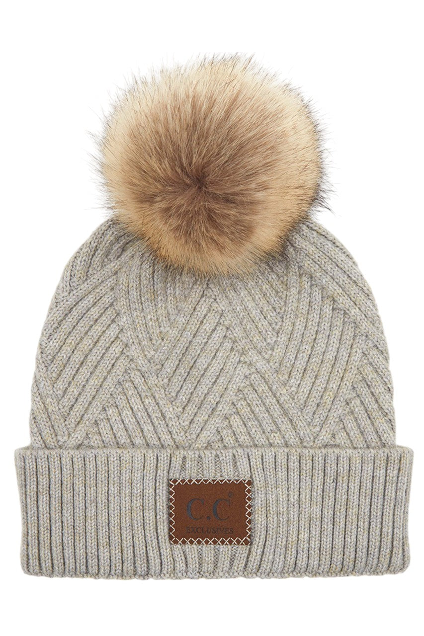 C.C Heather Beanie Hat With Pom Pom And Suede Patch - Charming Charlie