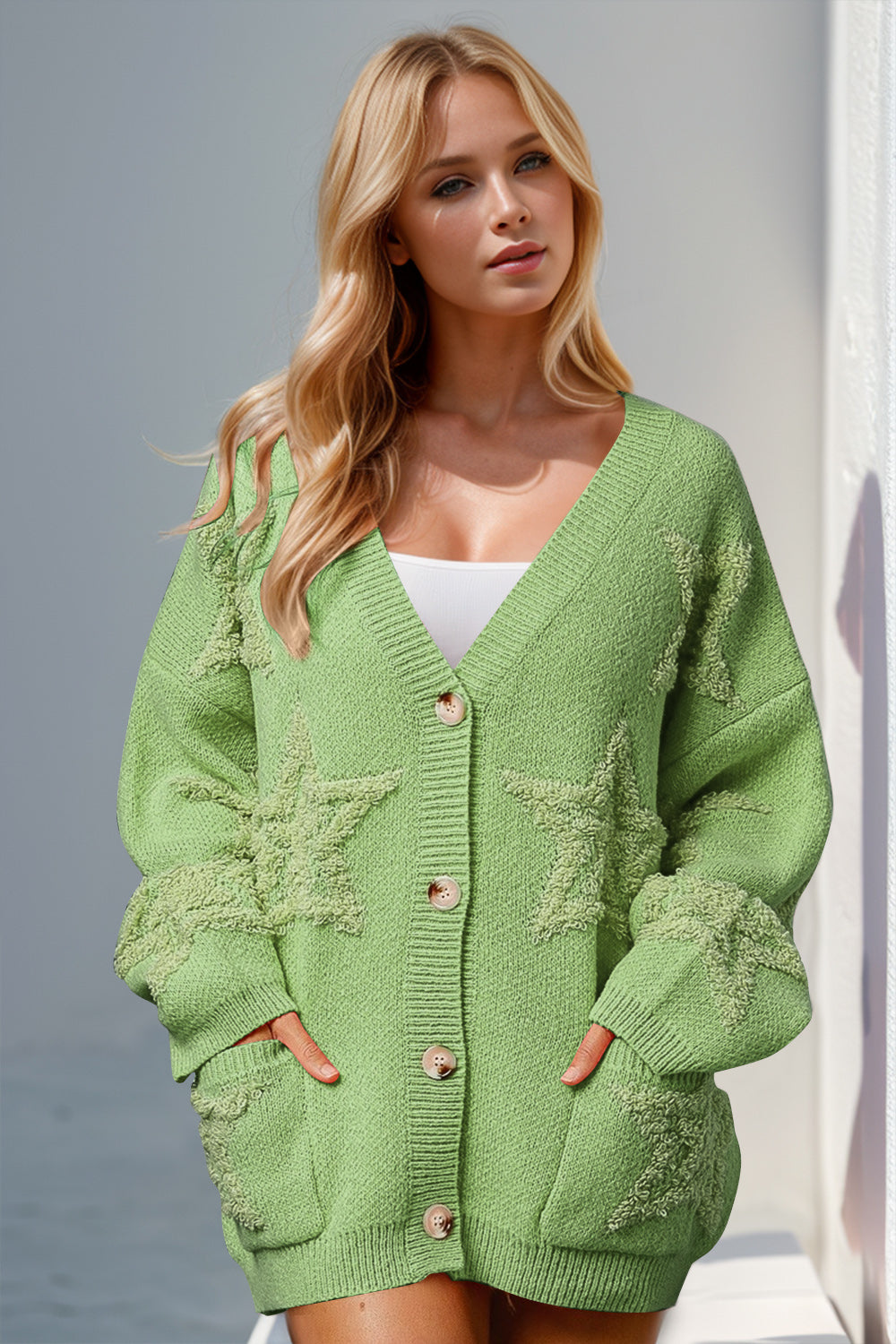Double Take Full Size Button Up Star Pattern Cardigan – Charming