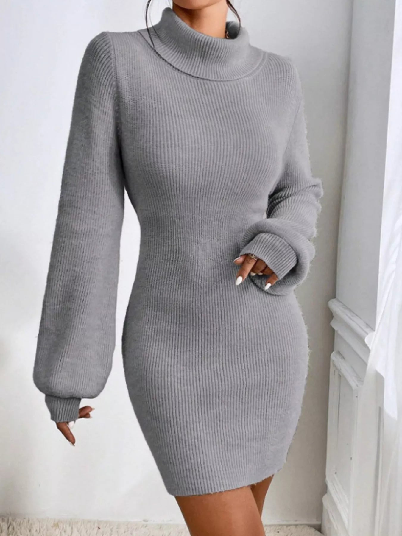Cream Beige Turtleneck Ribbed Knit Short Sweater Dress Wine Red / S By Trendsi