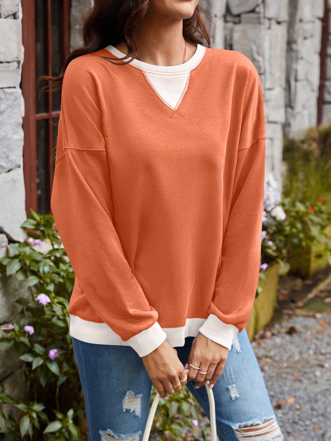 Contrast Round Neck Long Sleeve Sweatshirt - Charming Charlie