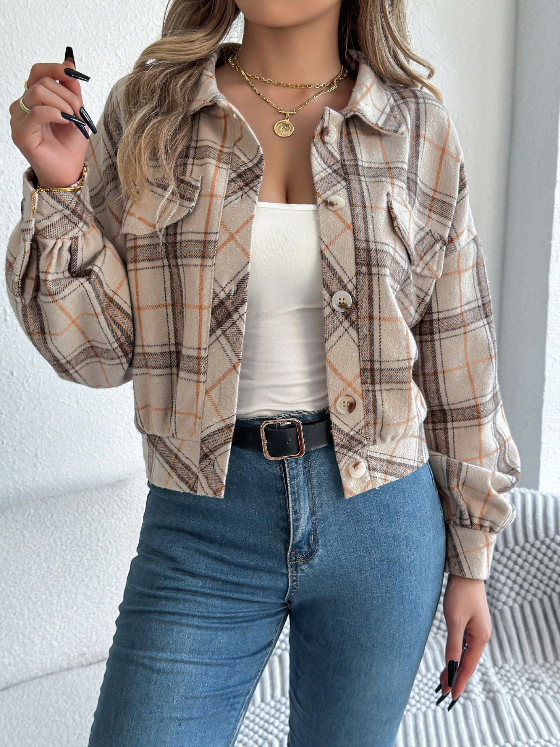 Plaid Button Up Long Sleeve Jacket - Charming Charlie