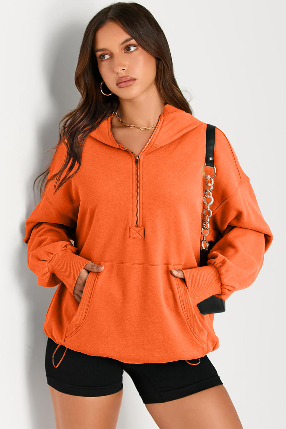 Pocketed Half Zip Long Sleeve Hoodie - Charming Charlie