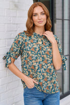 Teal Floral Tie Sleeve Blouse - Charming Charlie