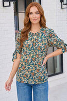 Teal Floral Tie Sleeve Blouse - Charming Charlie