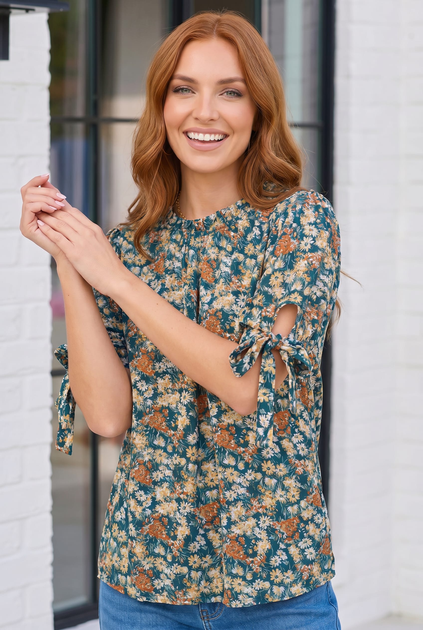 Teal Floral Tie Sleeve Blouse - Charming Charlie