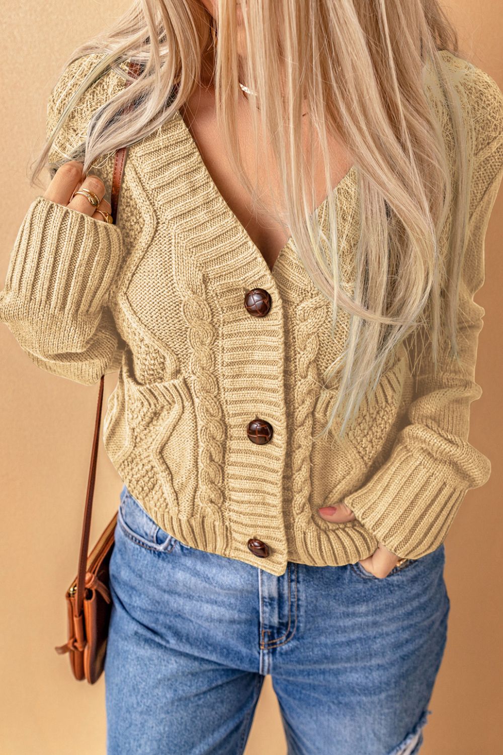 Cable-Knit Button Down V-Neck Cardigan - Charming Charlie