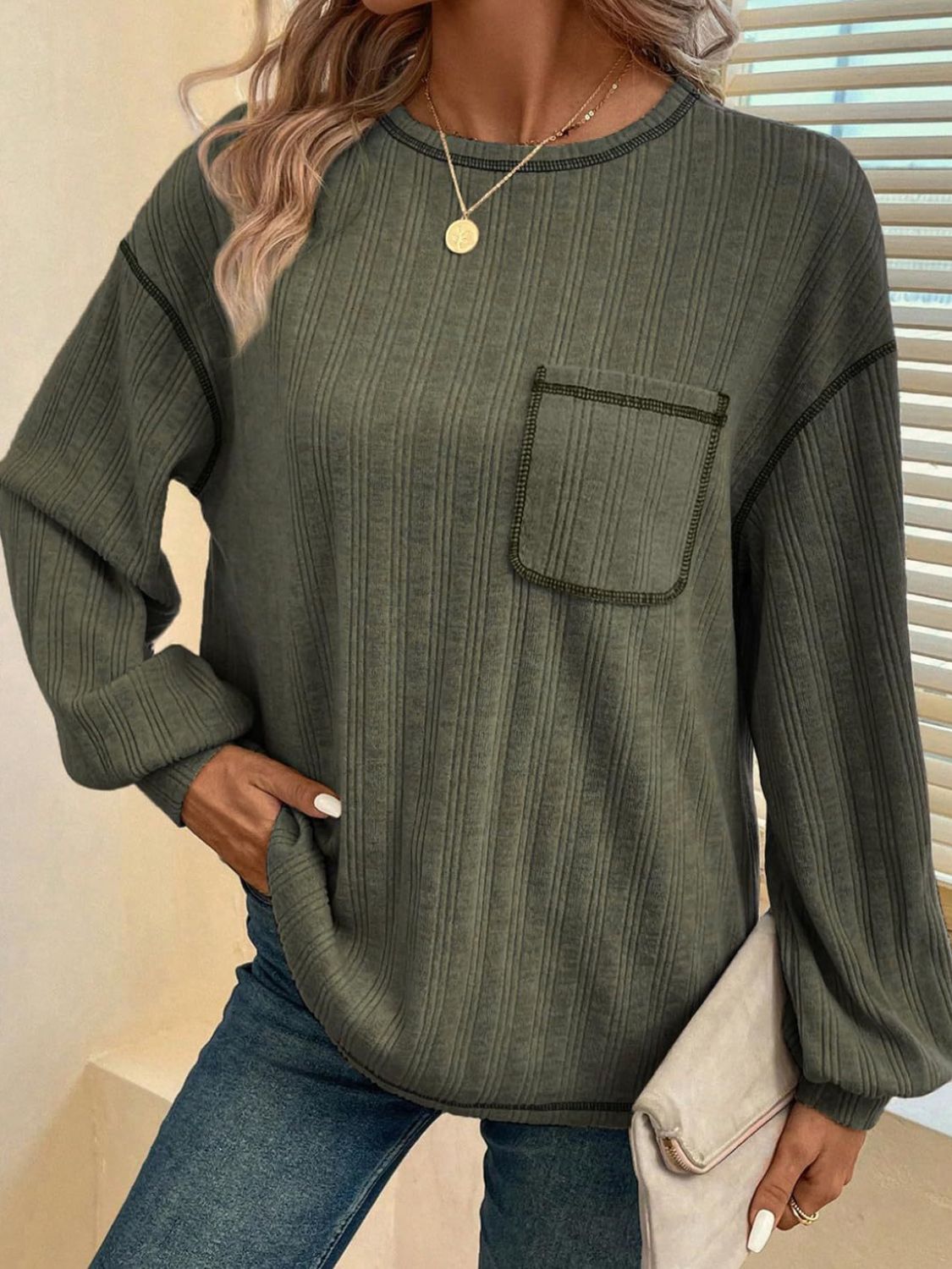 Mandy Contrast Stitching Round Neck Long Sleeve T-Shirt - Charming Charlie