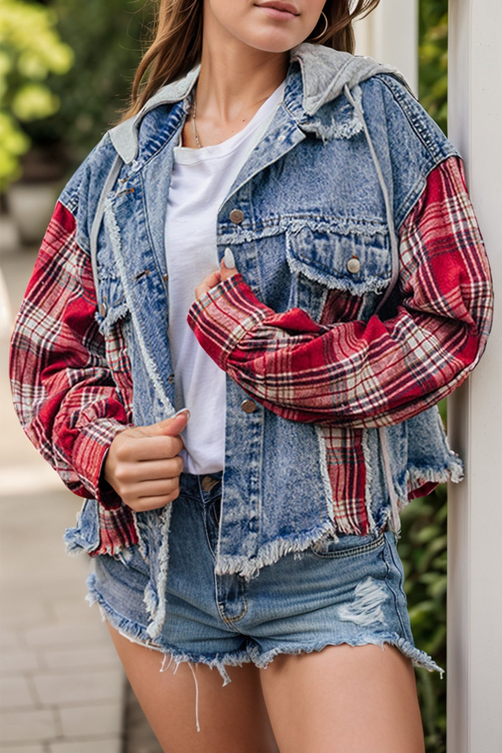 Raw Hem Drawstring Plaid Denim Jacket - Charming Charlie