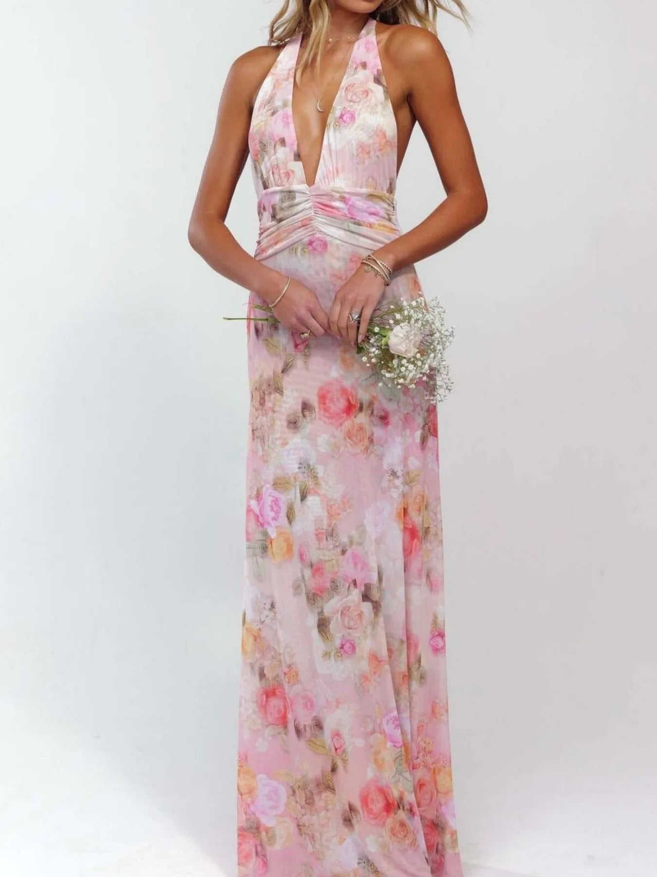Floral Halter Neck Deep V Maxi Dress Pink / M
