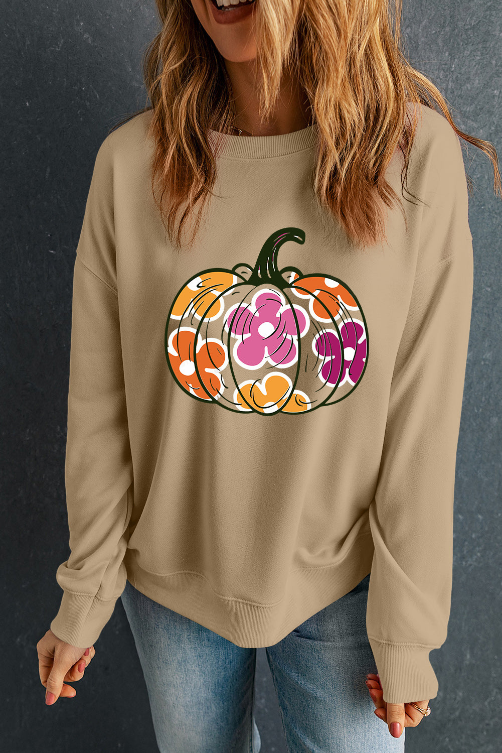 Pumpkin & Flower Graphic Long Sleeve Sweatshirt - Charming Charlie
