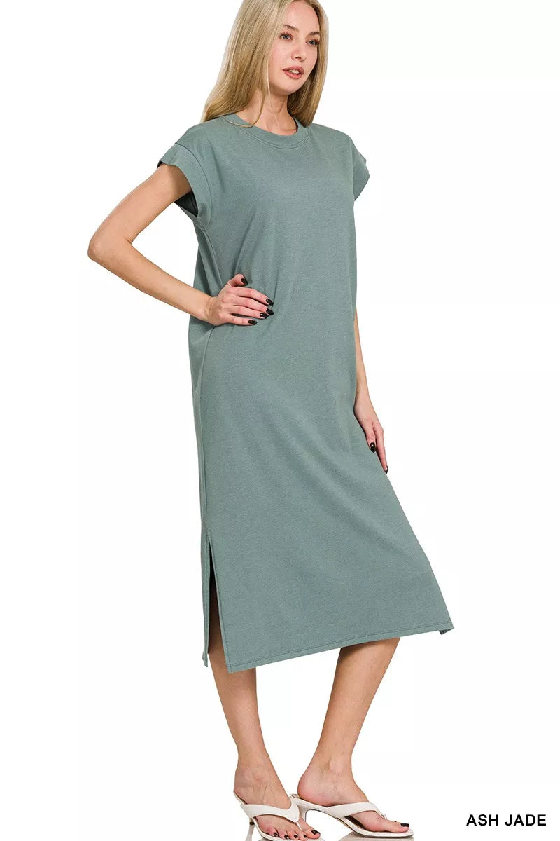 Zenana Round Neck Side Slit Midi Dress  Charming Charlie