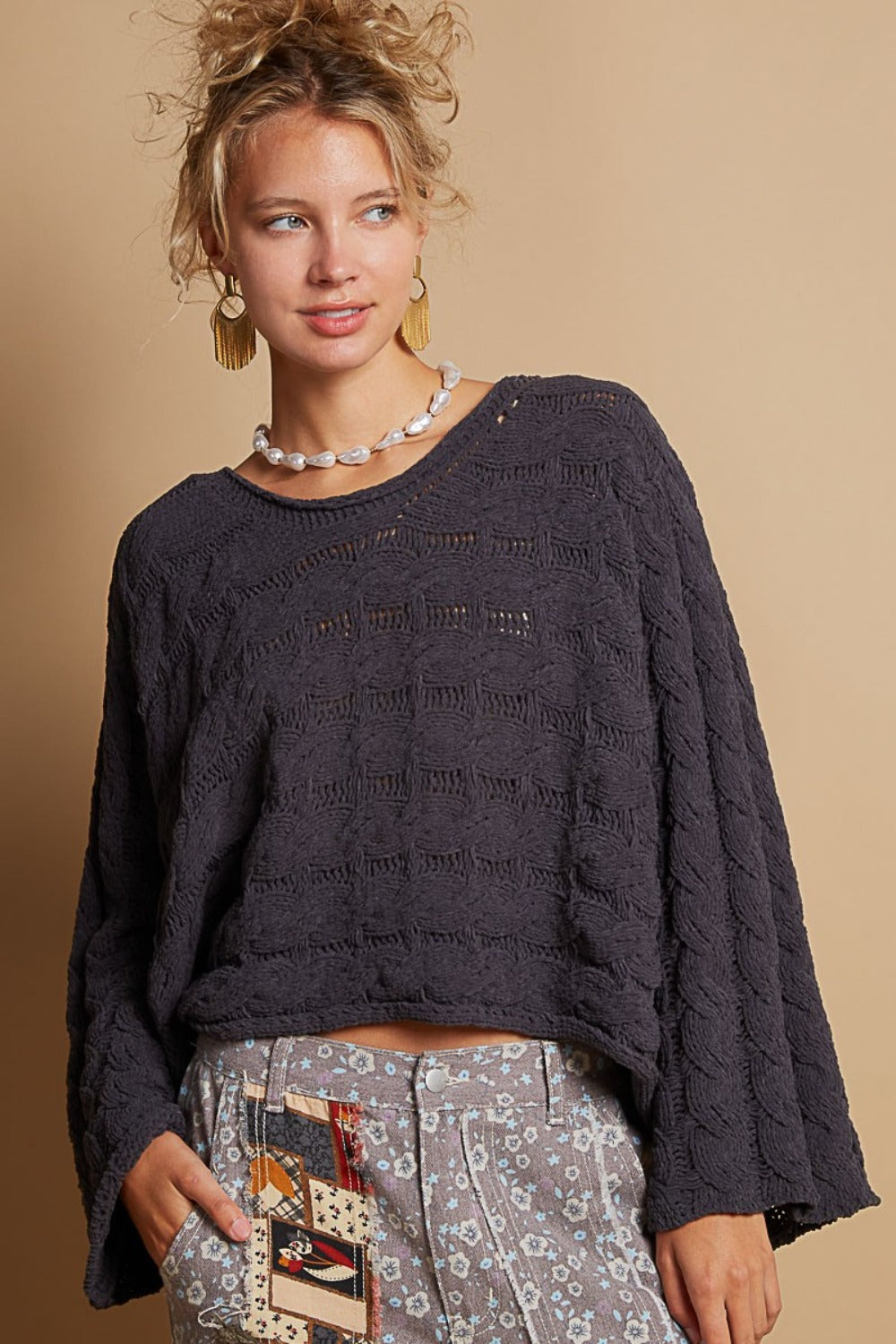 POL Round Neck Cable Knit Cropped Sweater - Charming Charlie