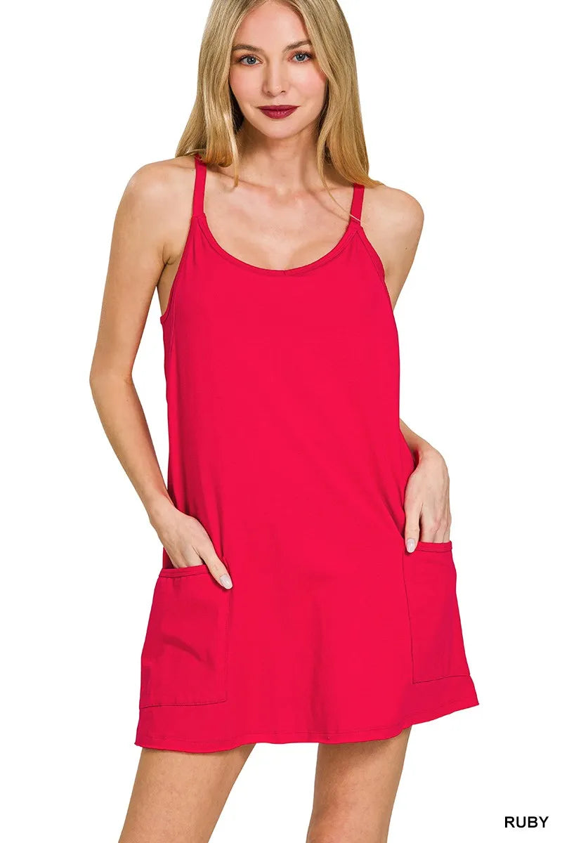 red cami mini dress Zenana Cami Mini Dress with Built-in Romper Liner – Charming Charlie