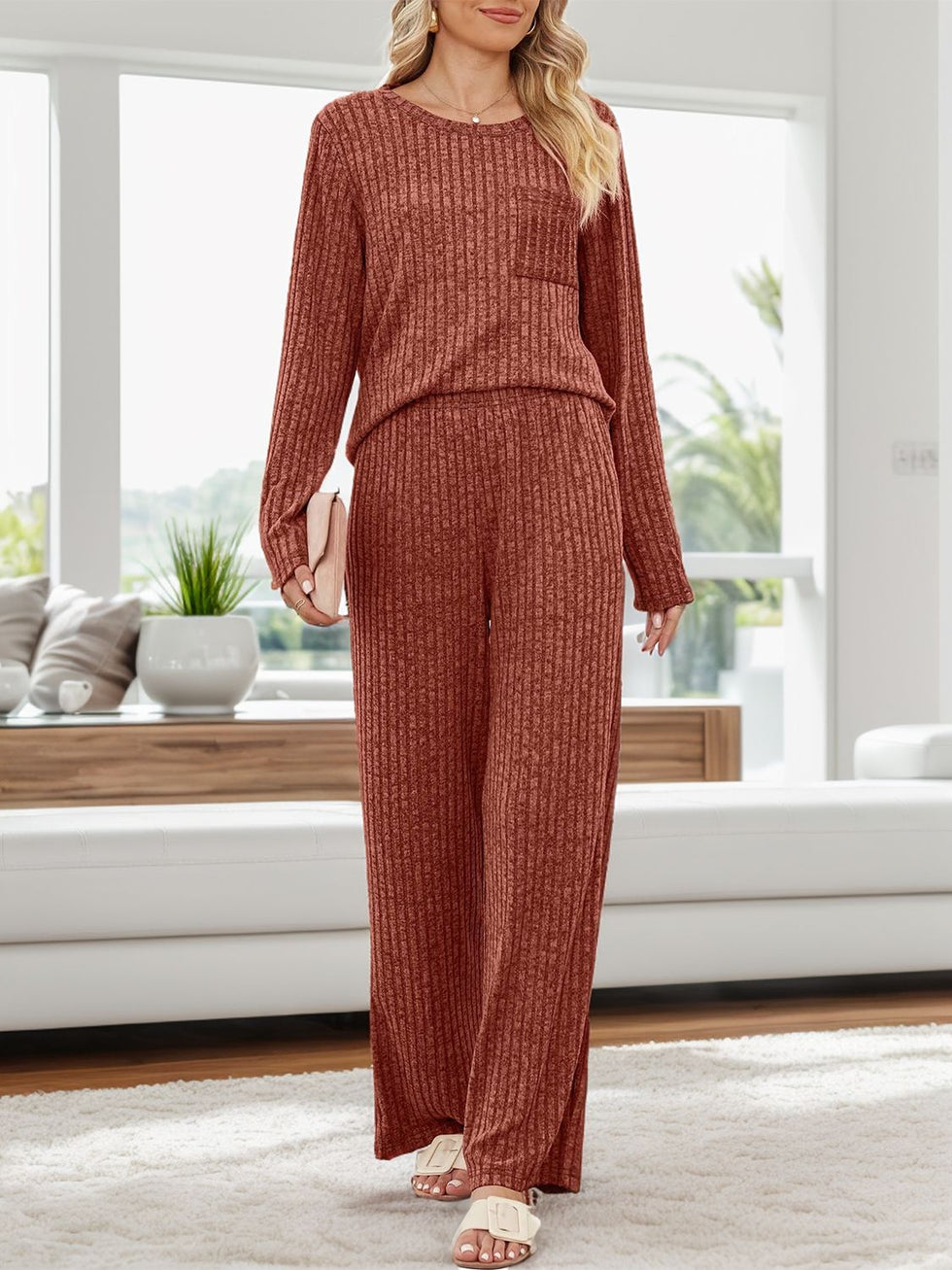 Plaid Round Neck Top and Pants Set