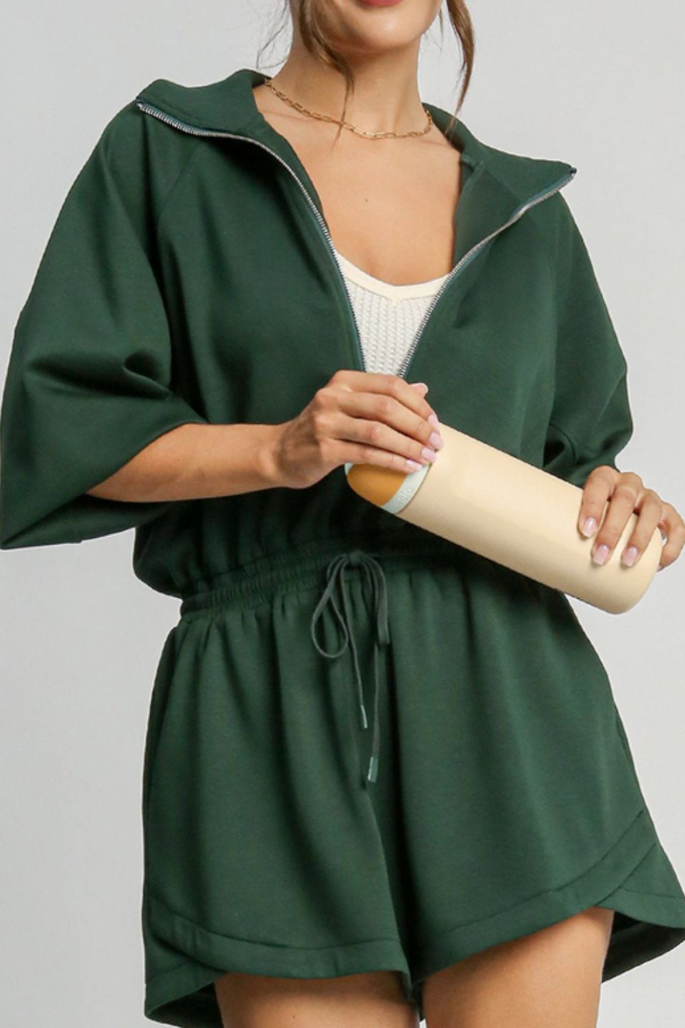 Drawstring Half Zip Long Sleeve Romper - Charming Charlie