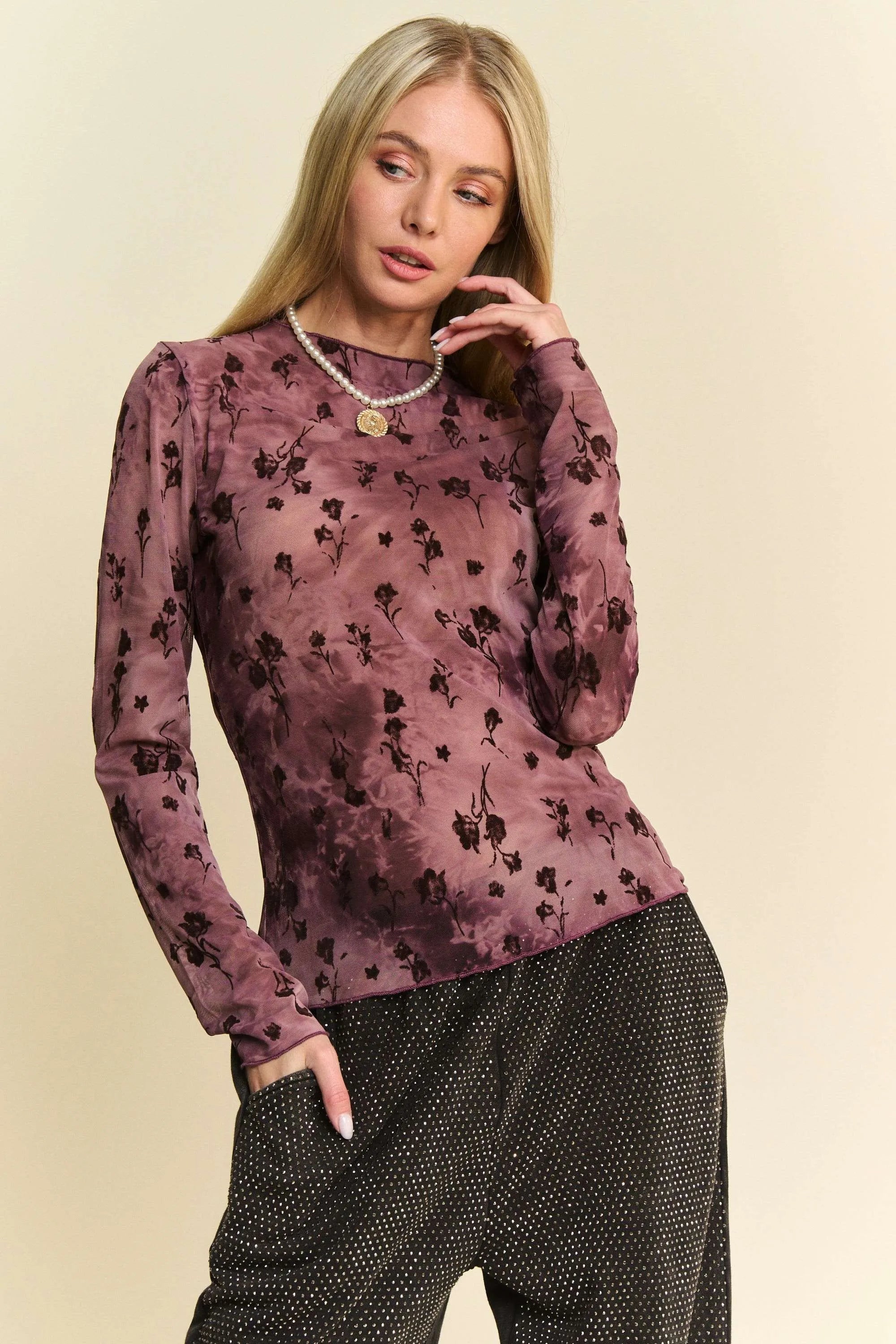 Davi & Dani Floral Mesh Long Sleeve Sheer Layering Top  Charming Charlie