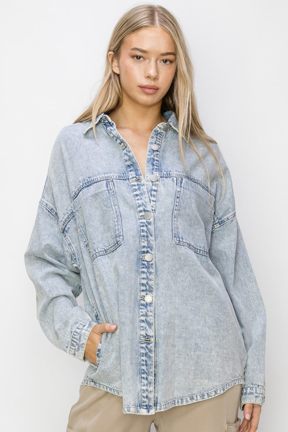 RISEN Button Up Long Sleeve Shacket - Charming Charlie