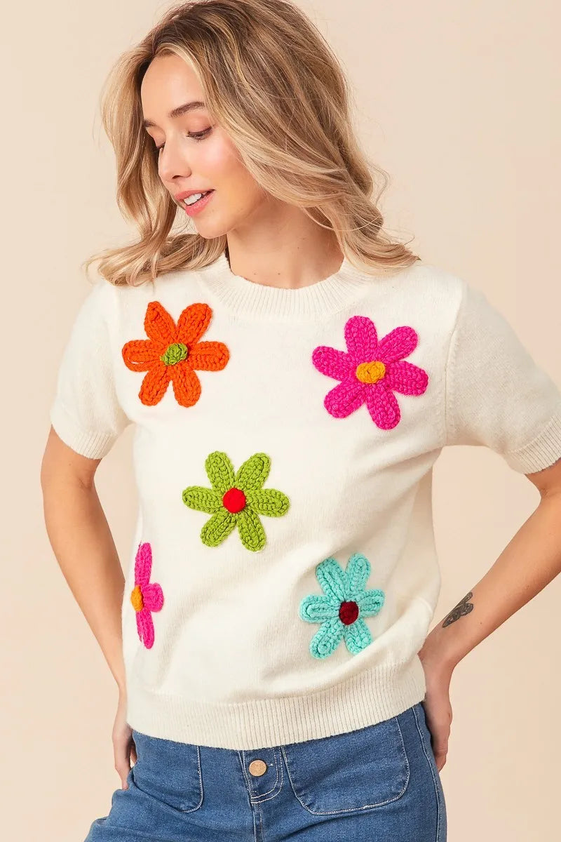 BiBi Crochet Flower Patch Sweater Top – Charming Charlie